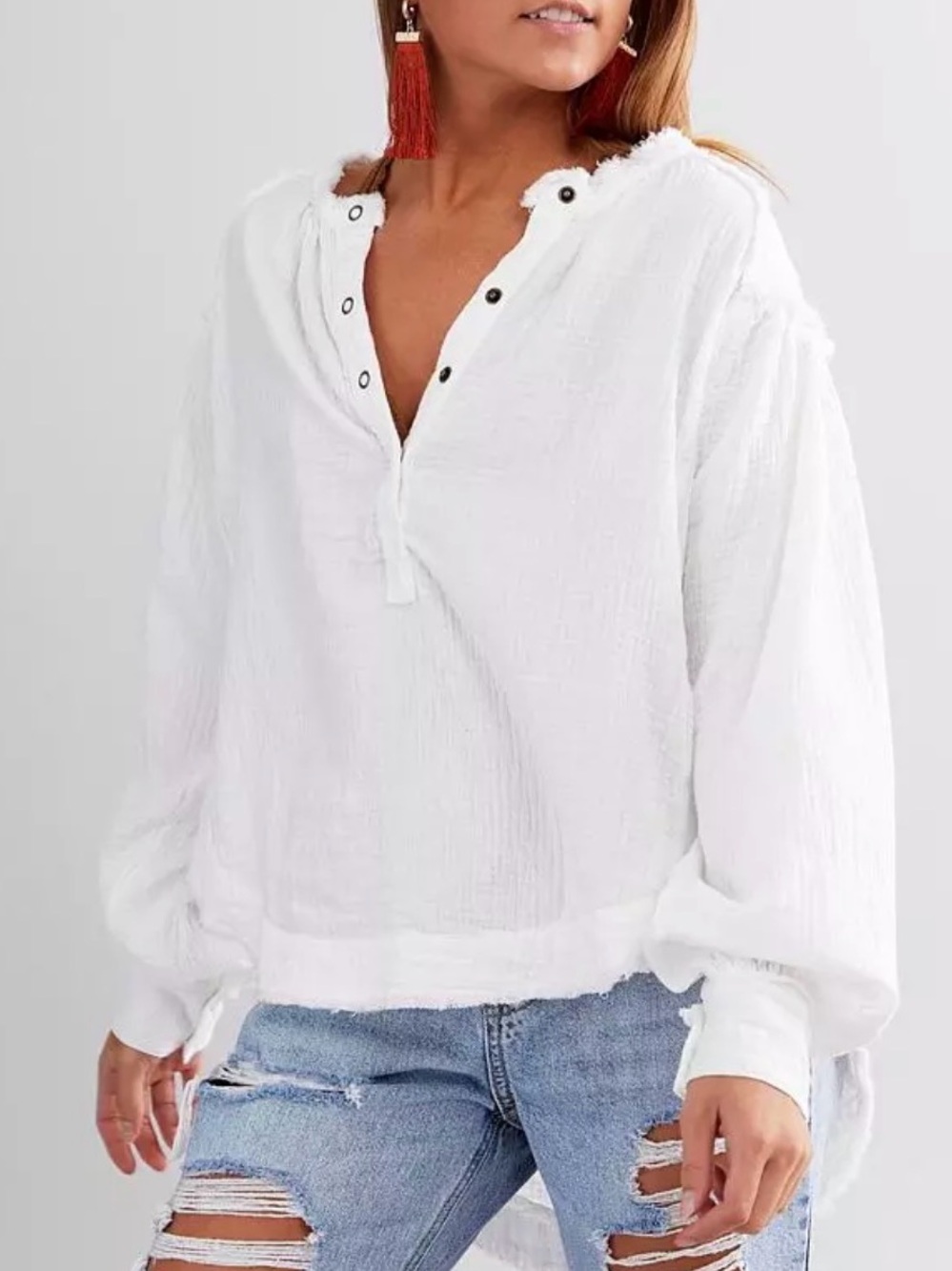 We The Free White Beach Day Henley Pullover Long Sleeve Shirt Small Oversized